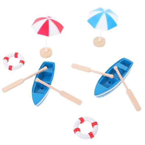 WOONEKY Mini Strand Dekoration Teile Miniature Beach Layout Zubehör für Puppenhaus Stilvolle Strandornamente mit Boot Sonnenschirmen und Schwimmreifen für Kreative Mini Szenen von WOONEKY