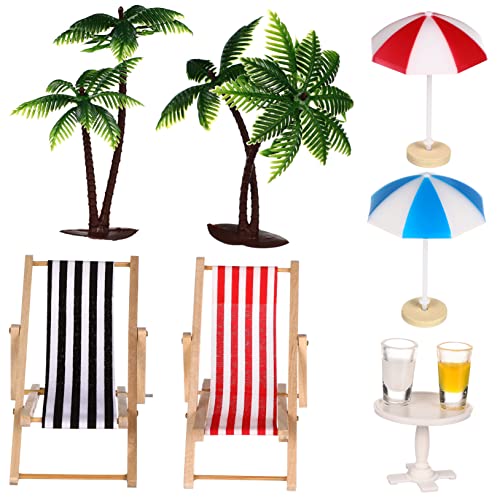 WOONEKY Mini Strand Mikrolandschaft Set Sonnenschirme Liegestühle Getränke Runder Tisch für Puppenhaus Dekoration für Strandliebhaber von WOONEKY
