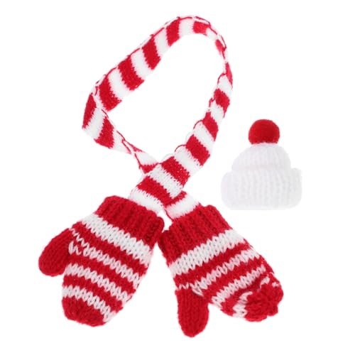WOONEKY Mini Strickset Weihnachtsmütze und Schal Rot Weiß Weiche Handgefertigte Puppenaccessoires DIY Miniatur Dekoration für Weihnachten Vielseitiges Puppenhaus Zubehör Festliches Design von WOONEKY