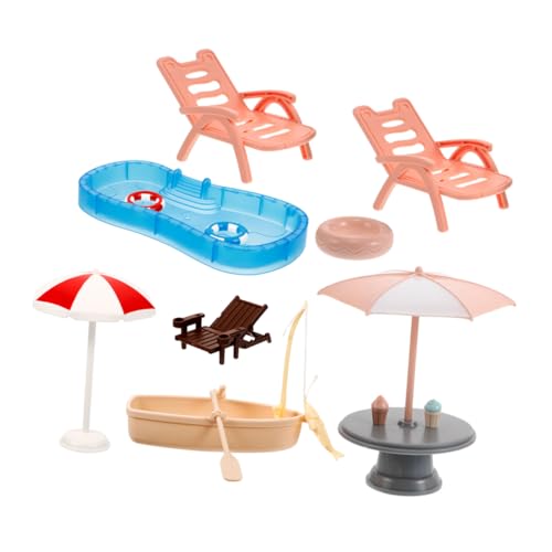 WOONEKY Miniatur Dollhouse Poolset mit Schwimmring Strandliege und Boot Realistisches Kunststoff Strandstuhl Zubehör für DIY Mikro Landschaften und Puppenhaus Dekorationen von WOONEKY