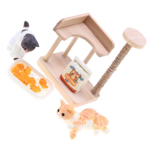 WOONEKY Miniatur Holz Katzenbaum Modell mit Mini Katzenfigur Puppenhaus Dekoration Mikro Landschaft Zubehör für Katzenliebhaber und Miniatur Szenerie Gestaltung von WOONEKY