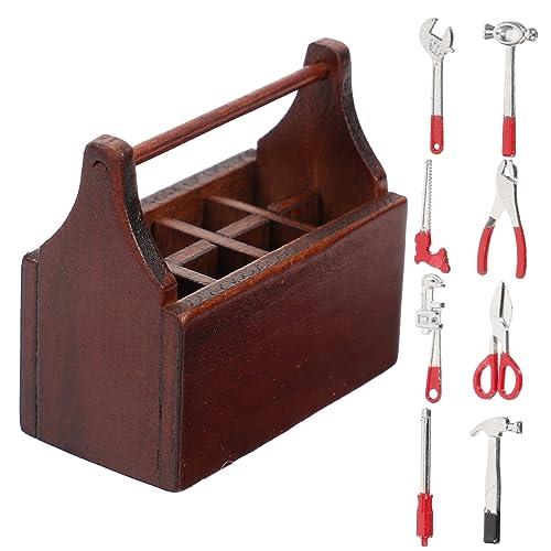 WOONEKY Miniatur Holz Werkzeugkasten Set mit Puppenhaus Zubehör Leichtes Mini Werkzeugspielzeug aus Holz und Dekoratives Mini Haus Accessoire für Bastler und Sammler von WOONEKY