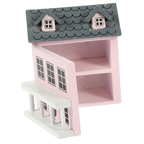 WOONEKY Miniatur Holzvilla Ornament Miniaturhaus Dekoration Puppenhaus Zubehör Handgefertigt Langlebig Geeignet für Puppenhaus Miniaturgarten und Desktop Deko Rosa Wand mit Grauem Dach von WOONEKY
