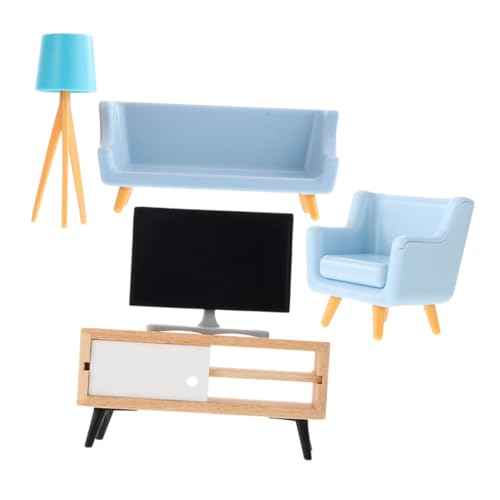 WOONEKY Miniatur Möbel Wohnzimmer Puppenhaus Dekoration Teilig mit Mini Tv Tv Schrank Blauem Sofa Tischlampe Stabile Detailreiche Puppenmöbel für und Miniatur Landschaft von WOONEKY