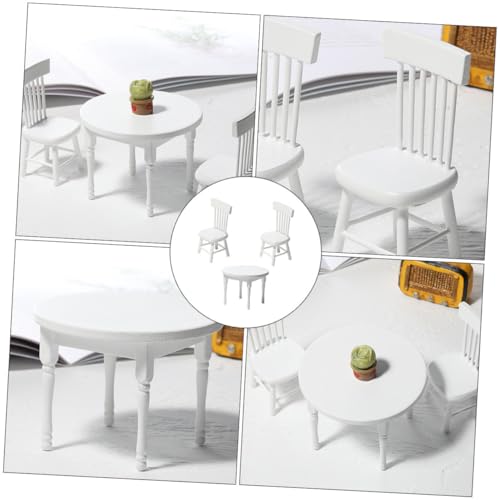 WOONEKY Miniatur Möbelmodell Set Weißer Runder Tisch und Stuhl Handliches Puppenhaus Zubehör für Mini Haus Szene Dekoratives Wohnaccessoire mit Detailreicher Verarbeitung von WOONEKY