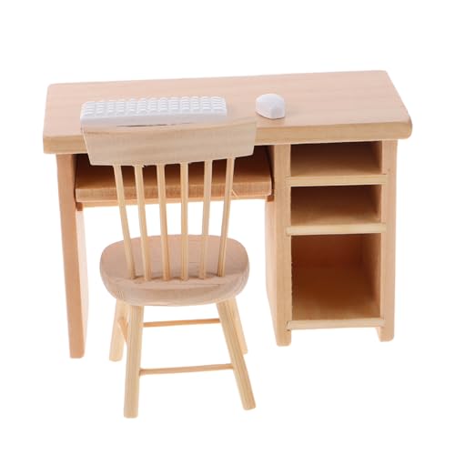 WOONEKY Miniatur Puppenhaus Möbelset Miniatur Schreibtisch und Stuhl mit Tastatur und Maus Modell Stabiles Büro Zubehör für Puppenhaus Lernspiel und Kreative Rollenspiele von WOONEKY