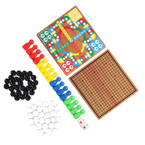 WOONEKY Multifunktionales Holzspielbrett Flugspiel und Fünf in Einer Reihe Spiel mit Holzschachsteinen Sicheres Familienspiel für Reisen von WOONEKY