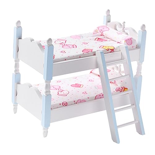 WOONEKY Puppenhaus Holz Etagenbett mit Gemustertem Matratze Miniatur Puppenmöbel für Kinderzimmer Dekoration Detailreiche Handgefertigte Holzspielzeug Fördert Motorische Fähigkeiten von WOONEKY