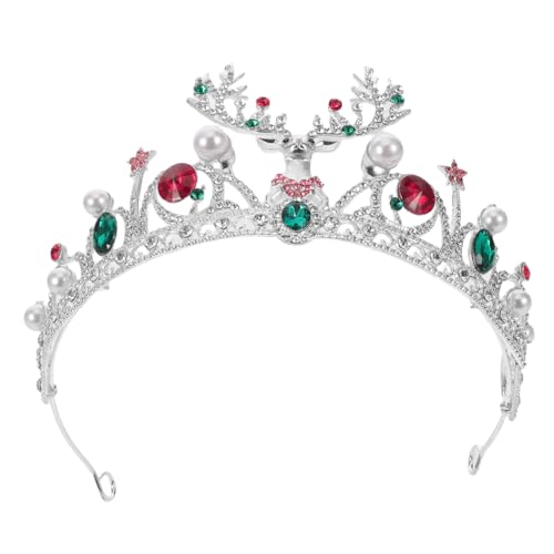 WOONEKY Rhinestone und Perlen Weihnachtskrone Silber Rundes Tiara Haarreif mit Rentiermotiv Funkelndes Xmas Party Accessoire für Braut Weihnachtsfeier und Silvesterveranstaltungen von WOONEKY