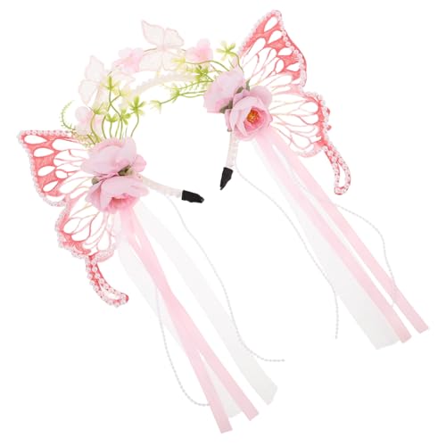 WOONEKY Schmetterling Haarreif mit Künstlichen Blumen Elastischer Blumenmädchen Kopfschmuck mit Fließendem Band Verstellbar für Mädchen Party Cosplay Geburtstagsfeier und Alltag von WOONEKY