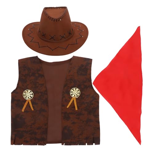 WOONEKY Western Outfits für Cowboy Weste Hut Bandanas Kostüm Set für Halloween und Karneval Braun für Feiern und Cosplay von WOONEKY
