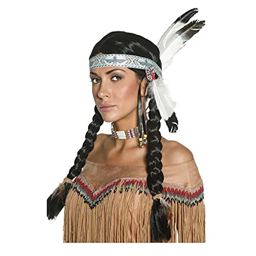 WOOOOZY NEU Perücke Damen Indianerin mit Stirnband und Zwei gefochtenen Zöpfen, Sioux, schwarz - mit Haarnetz von PAPSTAR