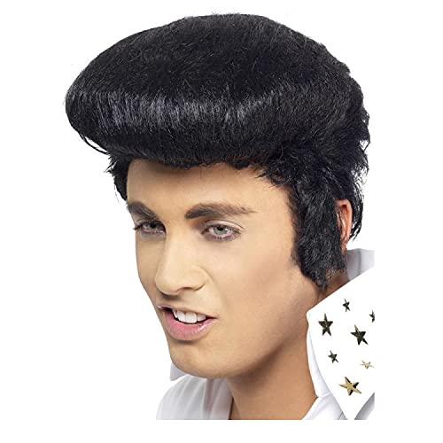 WOOOOZY NEU Perücke Herren Elvis Deluxe Rock 'n Roll mit Koteletten, schwarz - mit Haarnetz von PAPSTAR