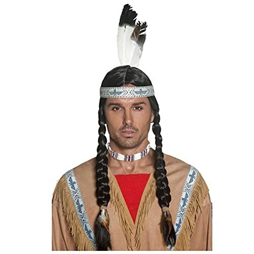 WOOOOZY NEU Perücke Herren Indianer mit Stirnband und Zwei gefochtenen Zöpfen, Sioux, schwarz von PAPSTAR