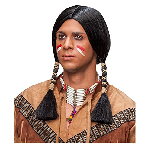 WOOOOZY NEU Perücke Herren Indianer mit Zwei gefochtenen Zöpfen, schwarz - mit Haarnetz von PAPSTAR