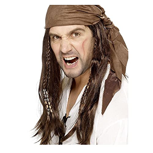 WOOOOZY NEU Perücke Herren Langhaar Pirat mit Kopftuch braun Bukanier, braun - mit Haarnetz - mit Haarnetz von PAPSTAR