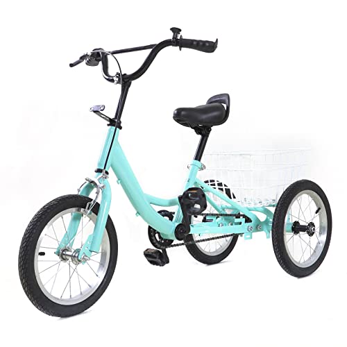 14/16 Zoll 3 Räder Dreirad Kinderfahrräder Für Jungen/Mädchen, Single Speed Dreirad Fahrrad,3 Räder Fahrrad Bike mit Einkaufskorb,Geschenk Für Kinder (14Zoll, Hellgrün) von WOQLIBE