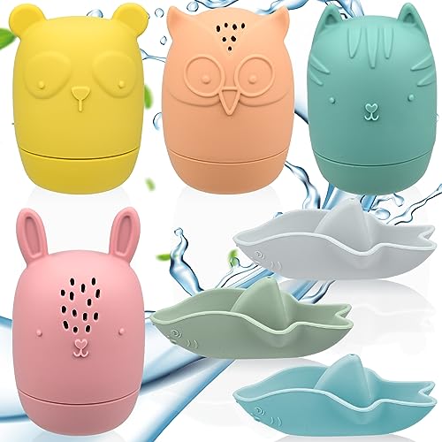 7 Stück Baby Badespielzeug ab 3 Monaten, BPA-freies Silikon Buntes Kleinkind Spritzwasser Tier Badewanne Quetschspielzeug für Kinder ab 1 Jahr von WORLUDE