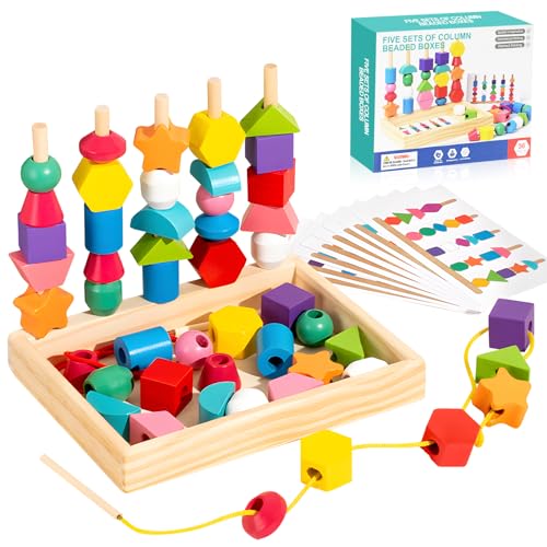 WORLUDE Montessori Spielzeug ab 3 4 5 Jahre, Holzspielzeug Stapelturm Fädelspiel Bausteine Sortierspiel, Schulung der Aufmerksam, Praktischen Fähigkeiten und Lernfähigkeit der Kinder von WORLUDE