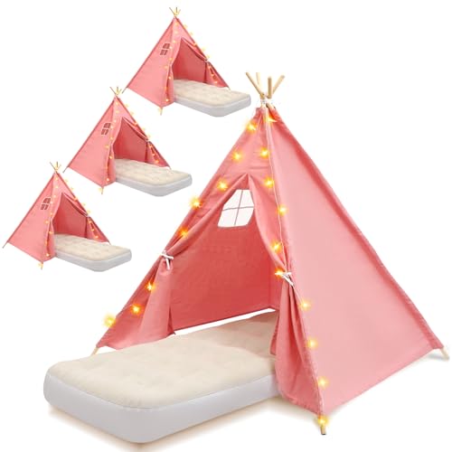 4 Pack Tipi Zelt für Kinder mit Lichtschnur und aufblasbarer Luftbett, Slumber Party Zelte, Sleepover Zelte Party für Mädchen Jungen Indoor Outdoor (Rosa) von WOUDY
