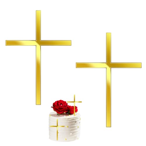 WOUYTPE 2 Stück Goldenes Kreuz Tortendeko, Tortendeko Taufe, Deko Torte Kommunion, Geeignet für Die Dekoration von Torten, Desserts, Cupcakes, Snacks, mit Spiegeleffekt, Wiederverwendbar von WOUYTPE