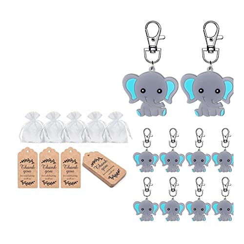 WOVELOT 20 Stück Babyparty-Rückgabegeschenke für Gäste, Baby-Elefant-Schlüsselanhänger, Organza-Beutel, Kraftanhänger, Elefanten-Mottoparty von WOVELOT