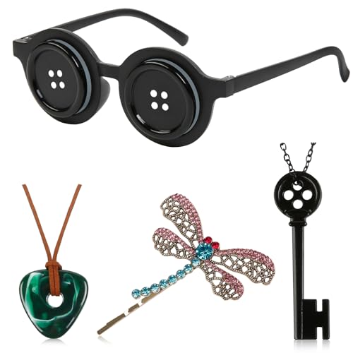Coraline-Kostüm, Cosplay-Zubehör, Halloween-Merchandise-Artikel, Knopfaugen, Brille, Libellen-Haarspange, Schlüssel-Halskette, Koraline-Halsketten-Set für Damen und Herren, Filmrequisiten von WOVOWOVO