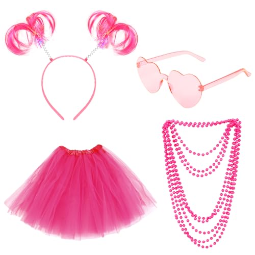 WOVOWOVO Pinkes Tutu-Kostüm-Zubehör für Damen und Mädchen, Halloween-Kostüm, Spirituosen-Kostüm, Wochen-Tragen, rosa Pompon, Stirnband, Perlen-Halskette, Herz, Sonnenbrille, Tüllrock-Set von WOVOWOVO