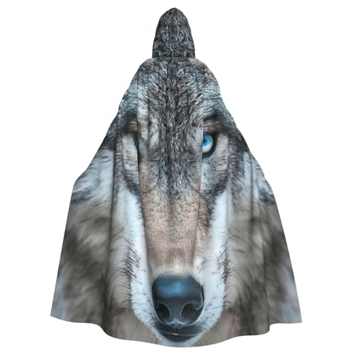 Blaue Augen, Wolfsdruck, volle Länge, Halloween, Unisex, Umhang mit Kapuze, mittelalterliche Farben, Kostüm, Cosplay, Party von WOmeng