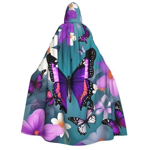 Lila Schmetterling und Blumen Druck Herren Damen Erwachsene Kapuzenumhang Cosplay Kostüm Halloween Weihnachten Karneval Partys von WOmeng