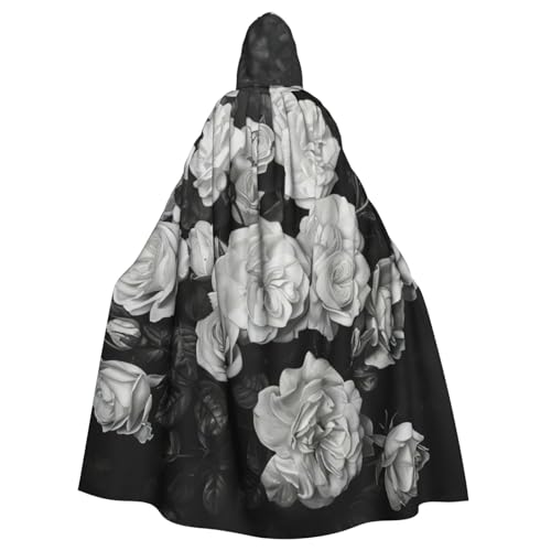 Schwarz-weißer Rosen-Druck, volle Länge, Halloween, Unisex, Umhang mit Kapuze, mittelalterliche Farben, Kostüm, Cosplay, Party von WOmeng
