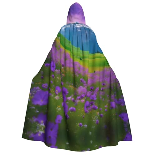 Umhang mit Kapuze, Motiv: Natur, Lila, Blumen, Wiese, Berg, malerischer Druck, für Herren, Damen, Erwachsene, Cosplay, Kostüm, Halloween, Weihnachten, Karneval, Partys von WOmeng