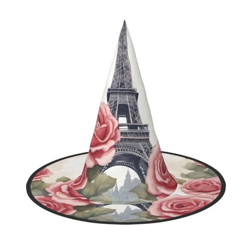 WOmeng Eiffelturm Rose Blumendruck Halloween Hexenhut Karneval Kostüm Zubehör Faltbare Leichte Kappe Festivals von WOmeng