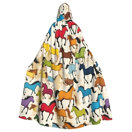 WOmeng Farbenfroher Cartoon-Pferde-Druck, volle Länge, Halloween, Unisex, Umhang mit Kapuze, mittelalterliche Farben, Kostüm, Cosplay, Party von WOmeng