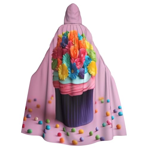 WOmeng Farbenfroher Cupcake-Umhang mit Regenbogen-Blumen-Motiv, volle Länge, Halloween, Unisex, Umhang mit Kapuze, mittelalterliche Farben, Kostüm, Cosplay, Party von WOmeng