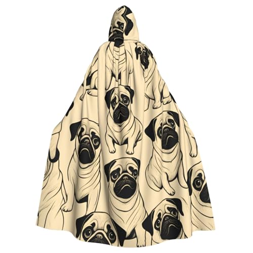 WOmeng Halloween-Umhang mit niedlichem Mops-Motiv, Unisex, mit Kapuze, mittelalterliche Farben, Kostüm, Cosplay, Party von WOmeng