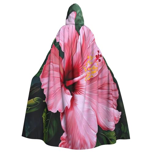 WOmeng Hawaii-Umhang mit pinkem Blumendruck, volle Länge, Halloween, Unisex, mit Kapuze, mittelalterliche Farben, Kostüm, Cosplay, Party von WOmeng