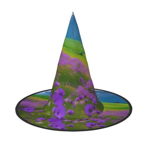 WOmeng Natur Lila Blumen Wiese Berg Scenic Print Halloween Hexenhut Karneval Kostüm Zubehör Faltbare Leichte Kappe Festivals von WOmeng