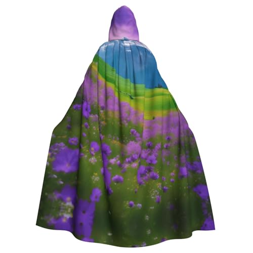 WOmeng Natur-Umhang mit violetten Blumen, Wiese, Berg, malerischer Druck, volle Länge, Halloween, Unisex, mit Kapuze, mittelalterliche Farben, Kostüm, Cosplay, Party von WOmeng