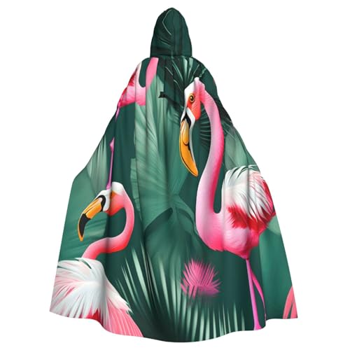 WOmeng Palmblatt- und Flamingo-Paar-Druck, volle Länge, Halloween, Unisex, Umhang mit Kapuze, mittelalterliche Farben, Kostüm, Cosplay, Party von WOmeng