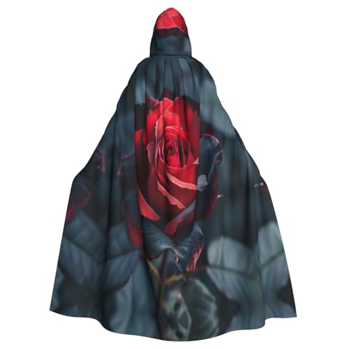 WOmeng Roter und schwarzer Rosen-Druck, volle Länge, Halloween, Unisex, Umhang mit Kapuze, mittelalterliche Farben, Kostüm, Cosplay, Party von WOmeng
