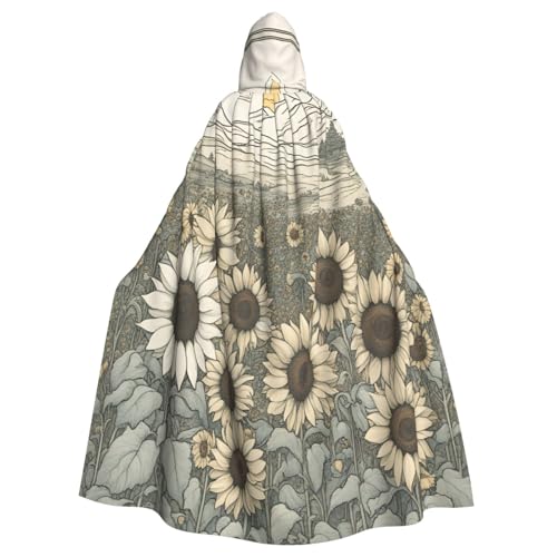 WOmeng Sonnenblumen-Umhang, Kamillen-Druck, volle Länge, Halloween, Unisex, mit Kapuze, mittelalterliche Farben, Kostüm, Cosplay, Party von WOmeng