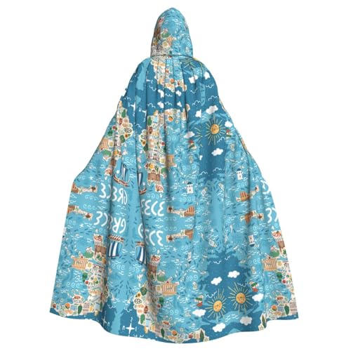 WOmeng Umhang mit Griechenland-Karten-Druck, volle Länge, Halloween, Unisex, mit Kapuze, mittelalterliche Farben, Kostüm, Cosplay, Party von WOmeng