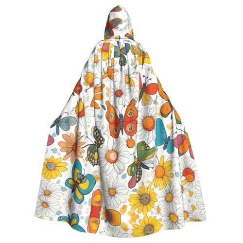 WOmeng Umhang mit Schmetterlings-Gänseblümchen-Druck, volle Länge, Unisex, mit Kapuze, mittelalterliche Farben, Kostüm, Cosplay, Party von WOmeng