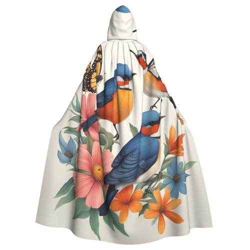 WOmeng Umhang mit Vögeln, Blumen, Schmetterling, volle Länge, Halloween, Unisex, mit Kapuze, mittelalterliche Farben, Kostüm, Cosplay, Party von WOmeng