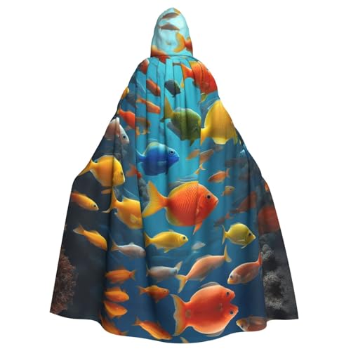 WOmeng Umhang mit buntem Fisch-Druck, volle Länge, Halloween, Unisex, mit Kapuze, mittelalterliche Farben, Kostüm, Cosplay, Party von WOmeng