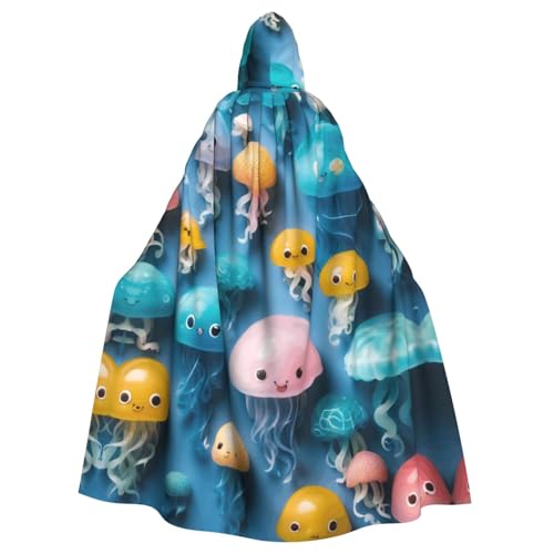 WOmeng Umhang mit buntem Quallen-Druck, volle Länge, Halloween, Unisex, mit Kapuze, mittelalterliche Farben, Kostüm, Cosplay, Party von WOmeng