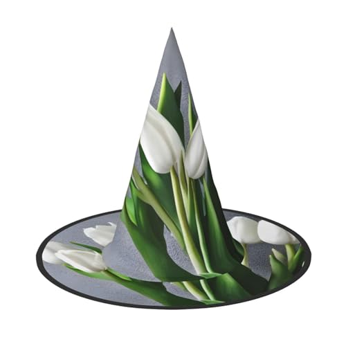 WOmeng Weiße Tulpen Blumen Druck Halloween Hexenhut Karneval Kostüm Zubehör Faltbare Leichte Kappe Festivals von WOmeng