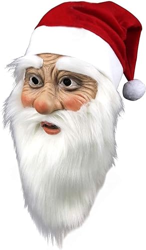 Nikolaus-Maske aus Latex, realistische Vollgesichtsmaske aus Latex mit weißem Bart, rote Kappe, Kostüm, Maskerade für Halloween, Weihnachten, Party, Neujahr, Urlaub von WPC