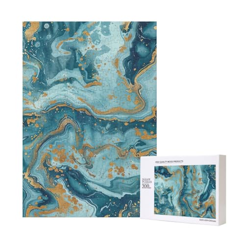 Azurite Teal and Foil Gold Oil Marble Pattern Printed Jigsaw Puzzle with Storage Box, Wooden Puzzle for Adults and Kids, 300 Pieces Family Fun Decorative Game von WPUTY
